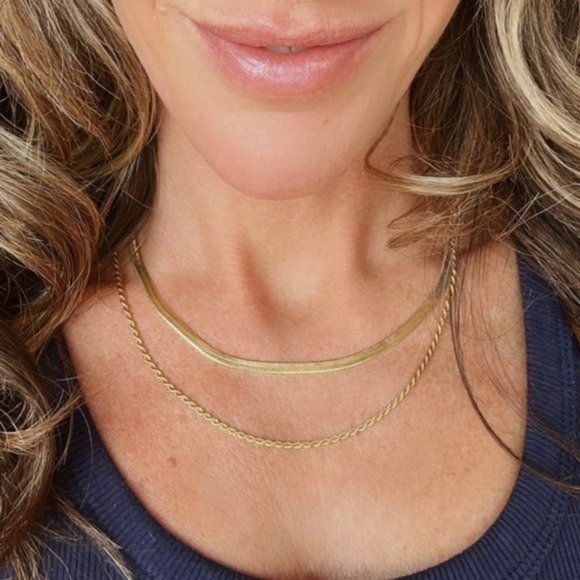 Gold Layered Double Chain Gold Necklace Herringbone & Rope Chain Waterproof - Picture 3 of 14